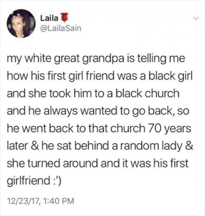 Tweet sharing a heartwarming story about a great grandpa reconnecting with his first girlfriend after 70 years, inspiring positivity.