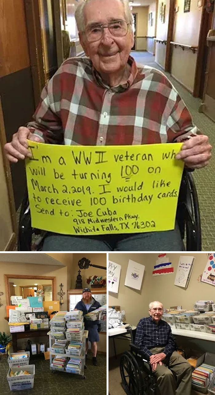 Elderly WWII veteran holding a sign requesting 100 birthday cards surrounded by stacks of mailed cards in a care home.