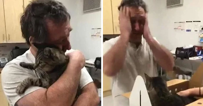 Man joyfully hugging a cat in a warm moment, sharing heartwarming stories to brighten the day and cleanse negativity.