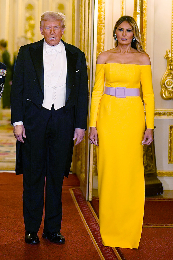 Melania Trump in a yellow off-shoulder gown with a lilac belt, highlighting hidden messages behind wardrobe choices. Melania Trump in a yellow off-shoulder gown with a lilac belt, highlighting hidden messages behind wardrobe choices.