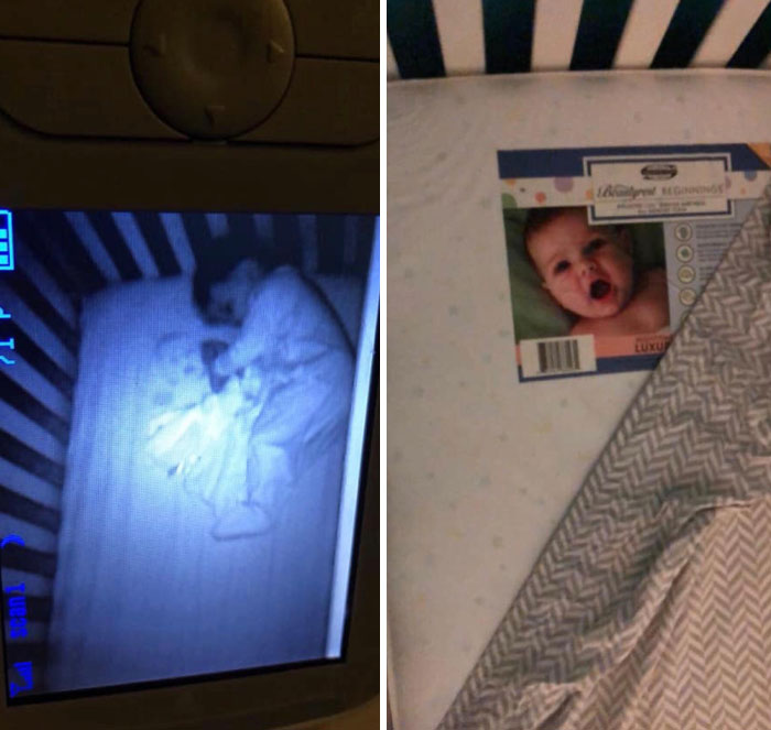 Baby sleeping in a crib captured on night camera monitor next to photo of a baby, showcasing funniest parents' prank.