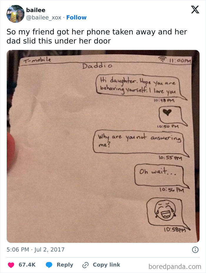 Handwritten funny parent text message prank on paper, showing a dad’s humorous attempt to reach his daughter.