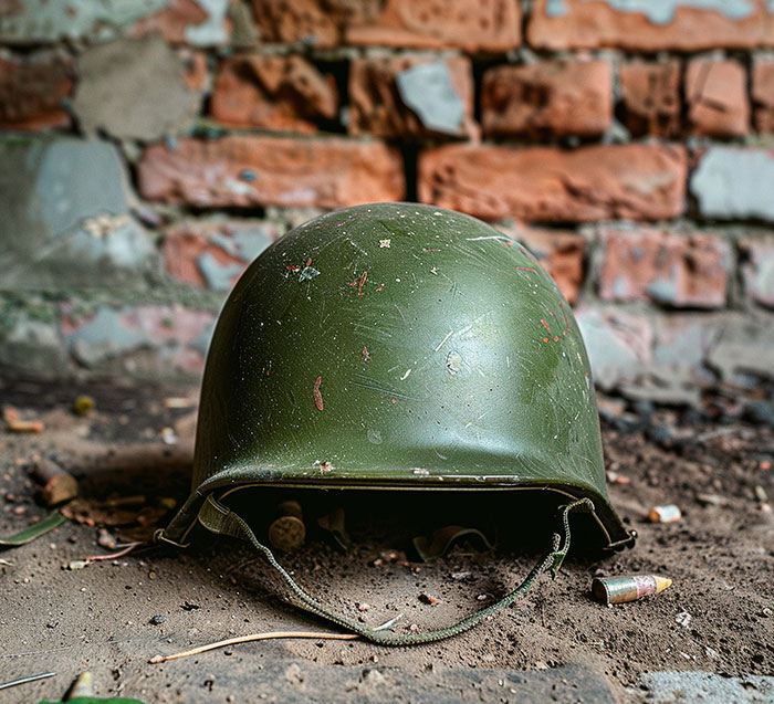 Old scratched military helmet on ground with bullet casings nearby, representing weird and iconic bruh moments in history.