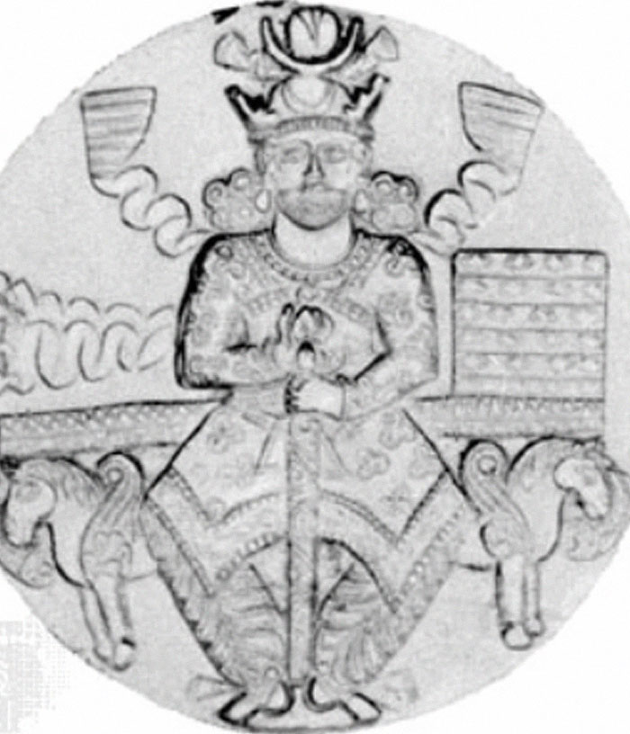 Ancient ruler seated on throne holding a staff, representing weird and iconic bruh moments in history.