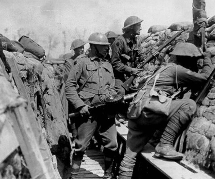 World War I soldiers in trench with weapons, representing one of the weird and iconic bruh moments in history.