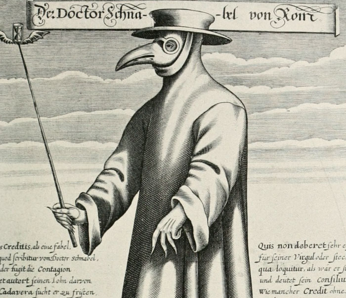 Engraving of a historical plague doctor wearing a beaked mask and long robe, representing weird and iconic bruh moments.