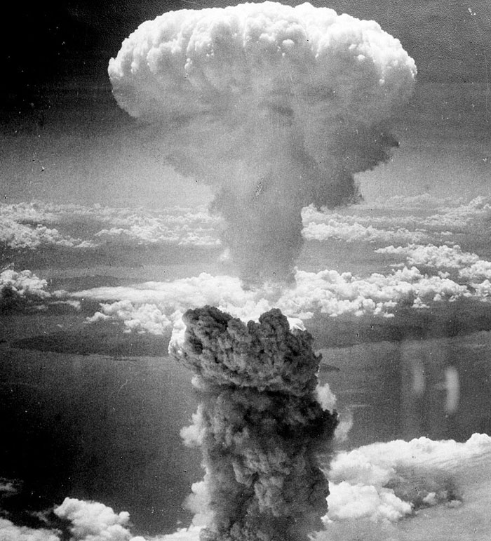 Mushroom cloud from atomic b**b explosion captured in black and white as an iconic bruh moment in history.