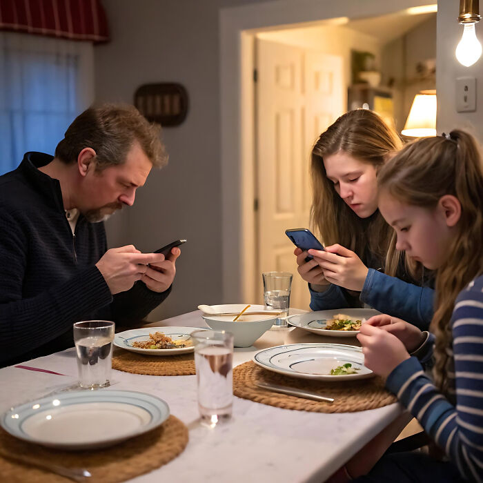 Family ignoring each other at dinner table, absorbed in phones, showing signs of the worst partner ever behavior.