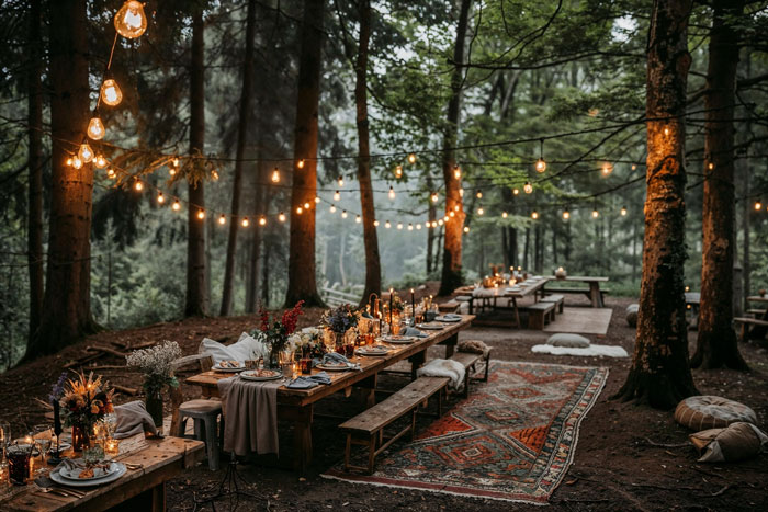 Outdoor wedding reception setup in a forest with long tables, string lights, and elegant rustic decor for a bridal photoshoot.
