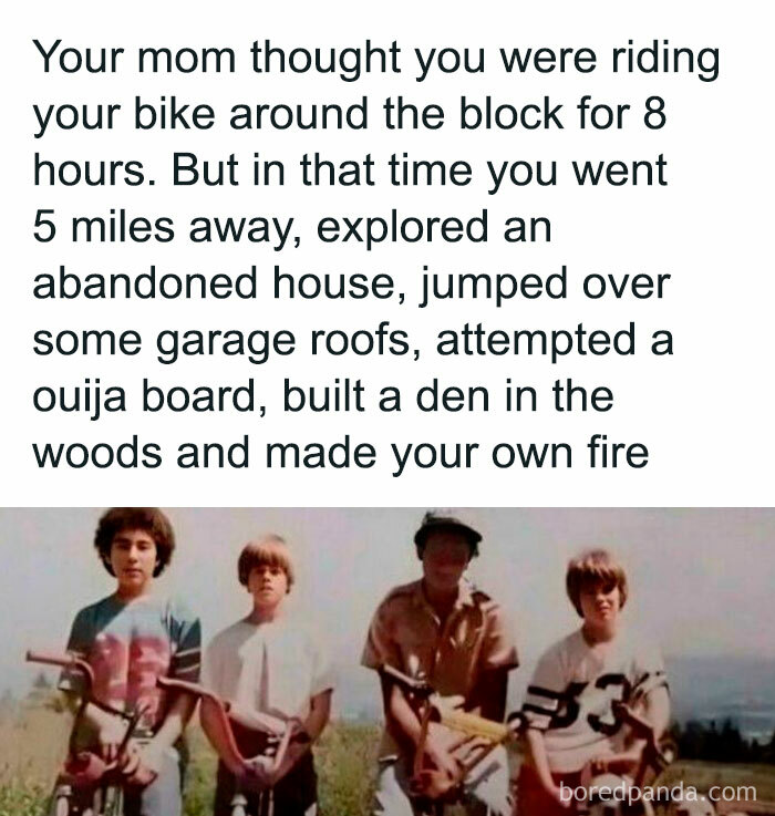 Group of nostalgic kids with bikes reflecting on adventurous childhood moments that remind them of old age.