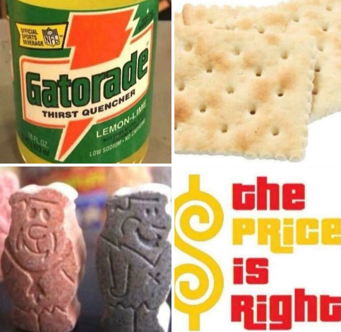 Nostalgic old age memories with vintage Gatorade, saltine crackers, Flintstones vitamins, and The Price Is Right logo collage.