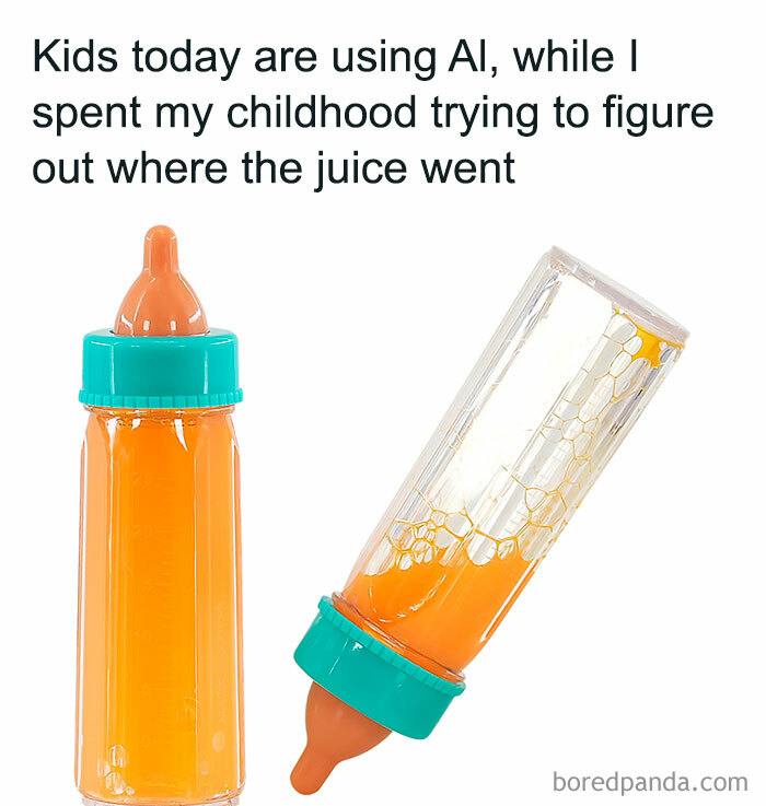 Two vintage baby bottles with orange juice, highlighting nostalgic memories of childhood and old age reflections.