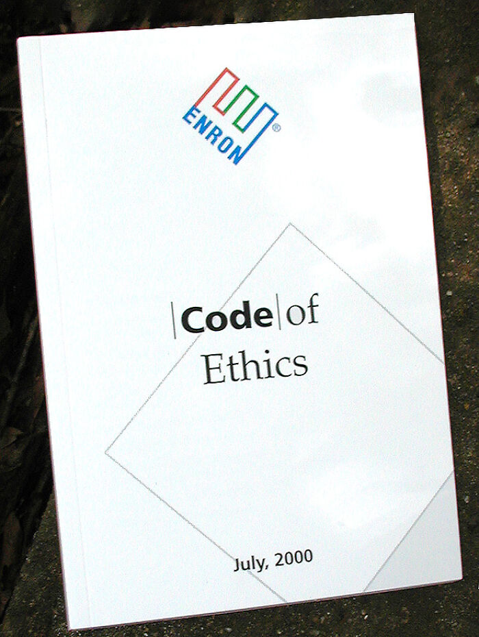 Enron Code of Ethics booklet from July 2000 highlighting ethics in famous fraud cases and corporate scandals.