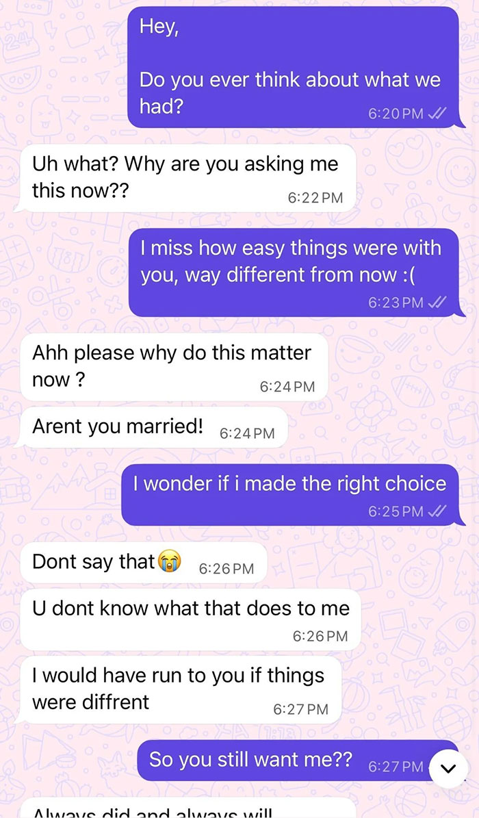 Text message conversation showing husband posing as pregnant wife messaging her ex as part of a loyalty test scenario.