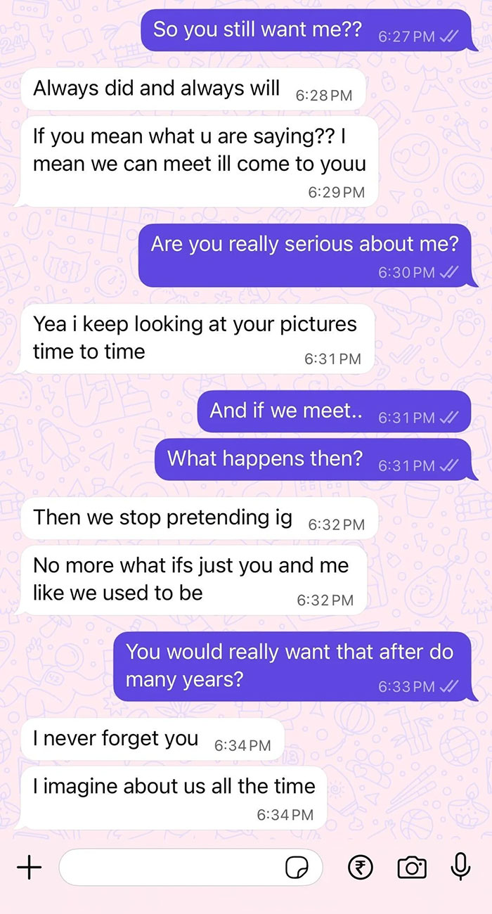 Chat messages showing a husband posing as pregnant wife to message her ex as a loyalty test conversation.