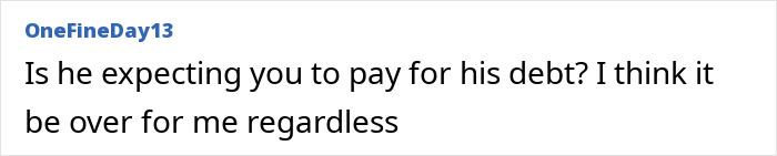 Comment discussing frustration about husband&rsquo;s huge debt and secrecy, questioning if spouse expects payment.