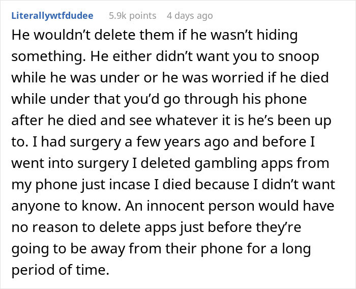 Text post from a forum explaining why a husband&rsquo;s deleted phone apps raise suspicion during surgery, causing confusion.