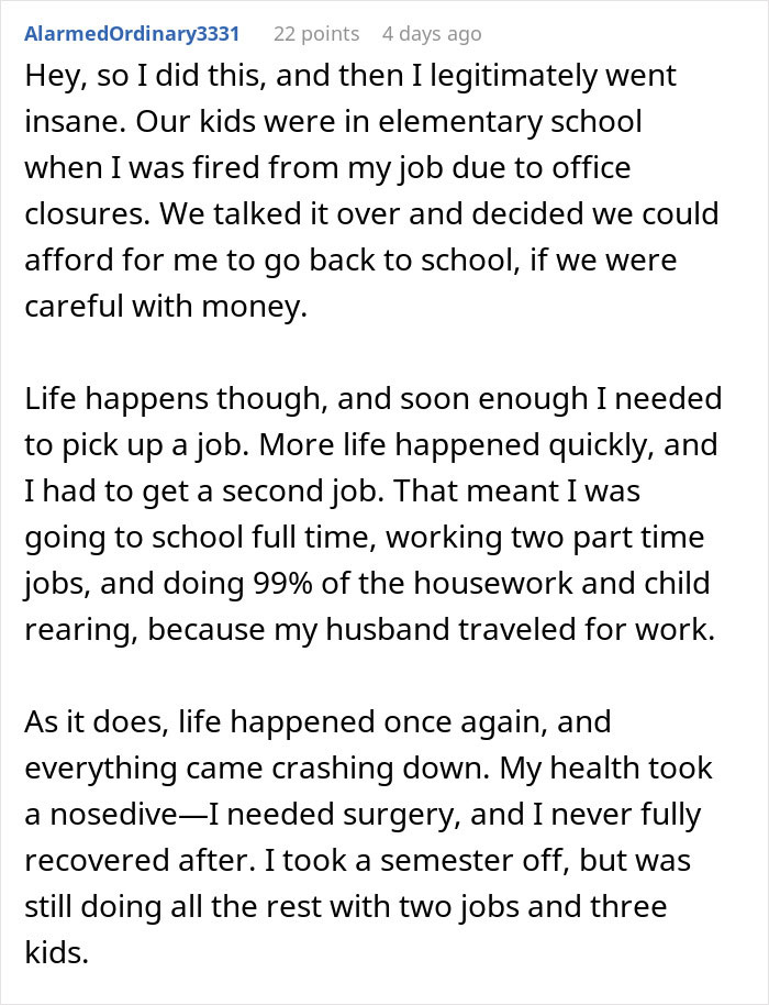 Text post describing a wife working two jobs, studying full time, managing housework, and raising kids while husband expects her to do it all.