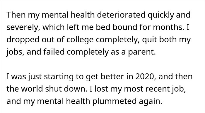 Text excerpt describing mental health decline after husband expects wife to work and study full time while caring for two kids.