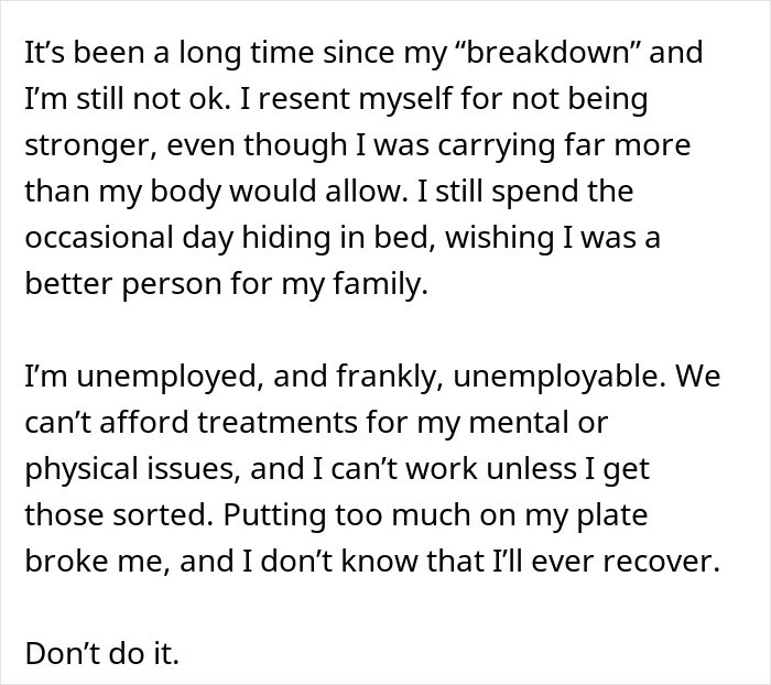 Text about struggling with mental health and feeling overwhelmed as a husband expects wife to work study full time with two kids.