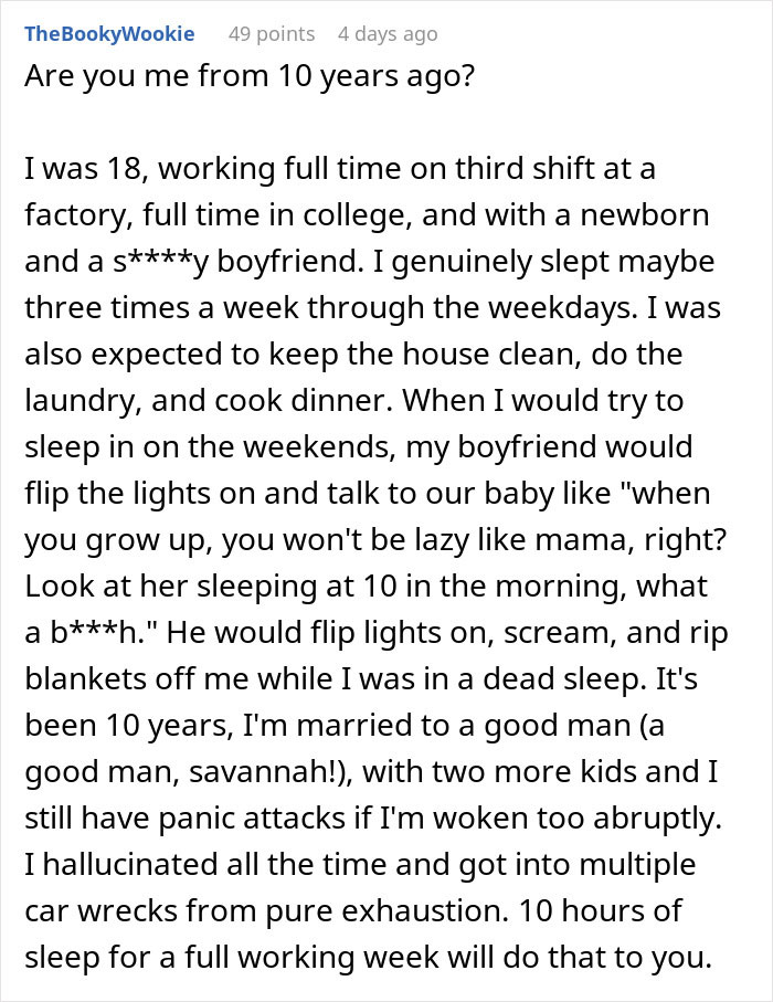Woman sharing experience of husband expecting wife to work, study full time, and care for two kids while exhausted and stressed.
