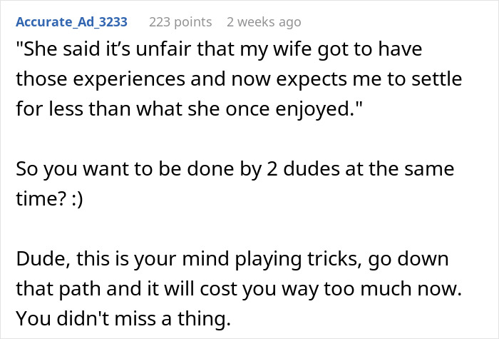 Comment discussing a husband's request for his wife to change intimacy boundaries sparking divorce predictions.