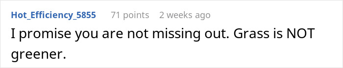 Screenshot of an online comment stating that the grass is not greener, related to people predicting divorce over intimacy boundaries.