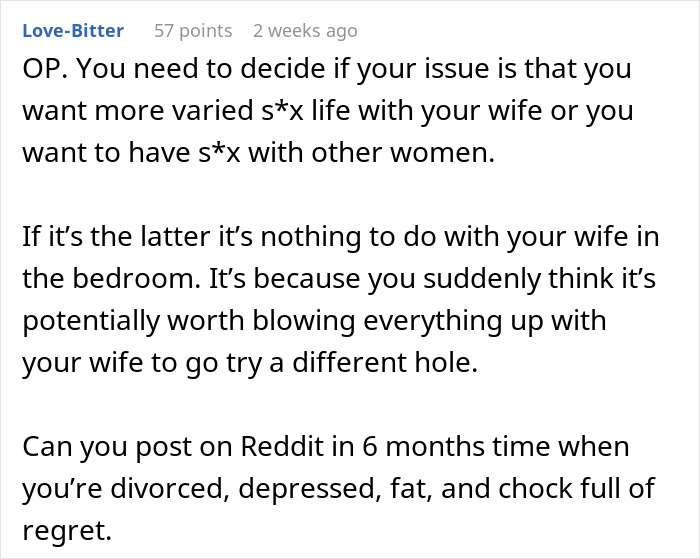 Reddit advice discussing husband asking wife to change intimacy boundaries and predictions of divorce.