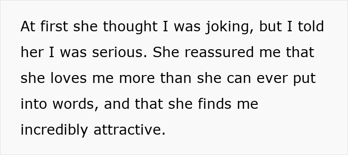 Text excerpt showing a husband asking his wife to change intimacy boundaries and her reassuring response about love and attraction.