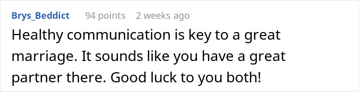 Comment about healthy communication in marriage, emphasizing its importance for couples and wishing them good luck.