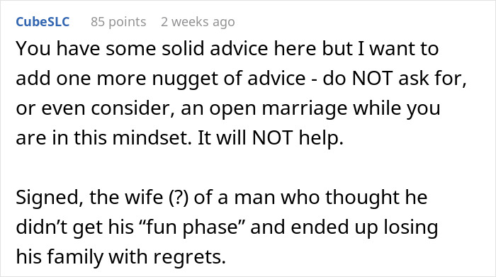 Comment warning against asking for open marriage, sharing regrets of a husband who changed intimacy boundaries.