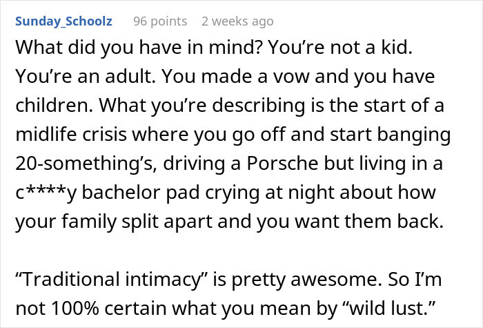 Reddit comment discussing divorce predictions for husband asking wife to change intimacy boundaries during midlife crisis.
