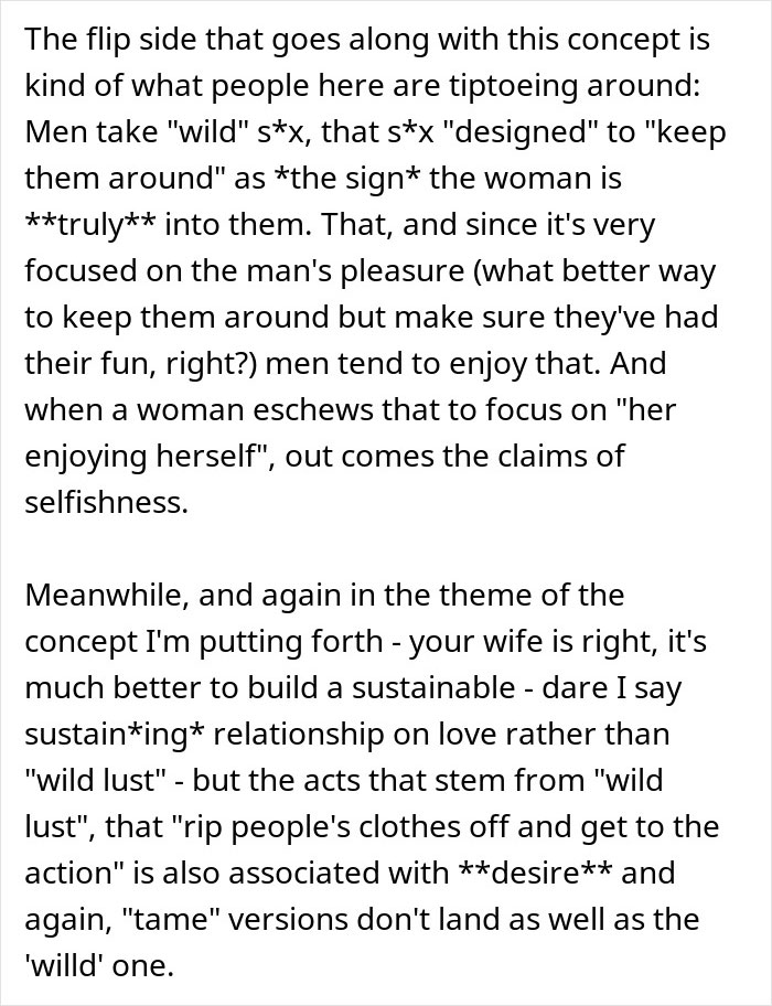 Text discussing how men interpret wild intimacy as a sign of desire, and women changing boundaries often seen as selfish in relationships.
