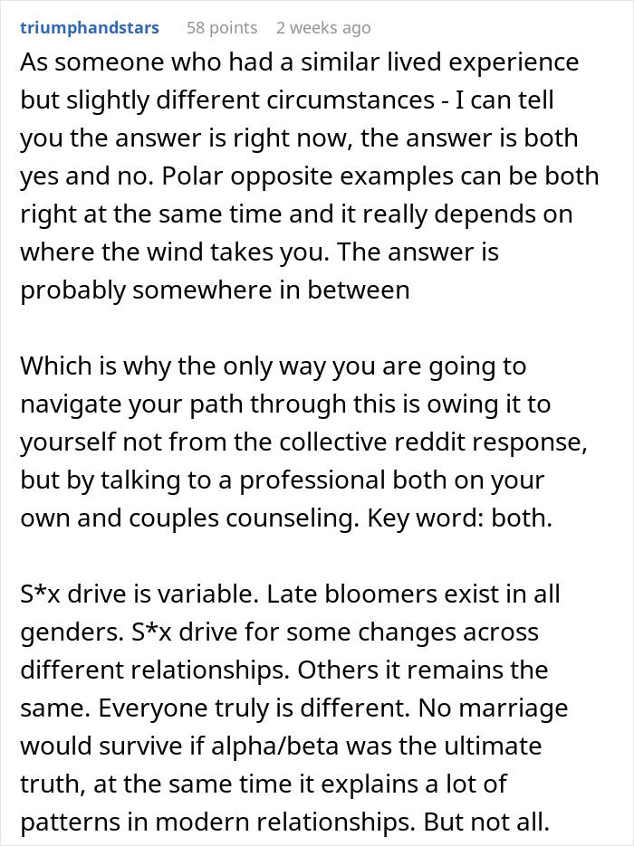 Reddit user shares personal views on intimacy boundaries and relationship dynamics affecting marriage stability.
