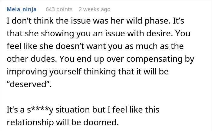 Comment discussing relationship issues related to intimacy boundaries and predictions of divorce for a husband.