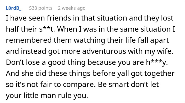 Comment discussing relationships and intimacy boundaries predicting divorce for husband asking wife to change.
