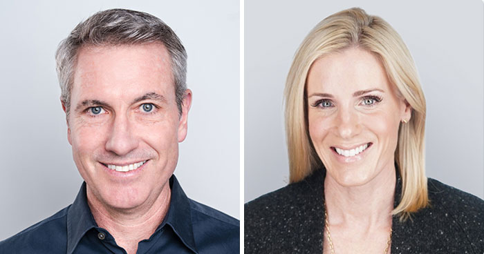 Headshots of a man and woman smiling, related to Coldplay KissCam saga and HR exec&rsquo;s husband attending concert with a date.