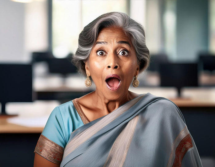 Elderly woman in traditional attire looking shocked while learning about husband parents native language differences.