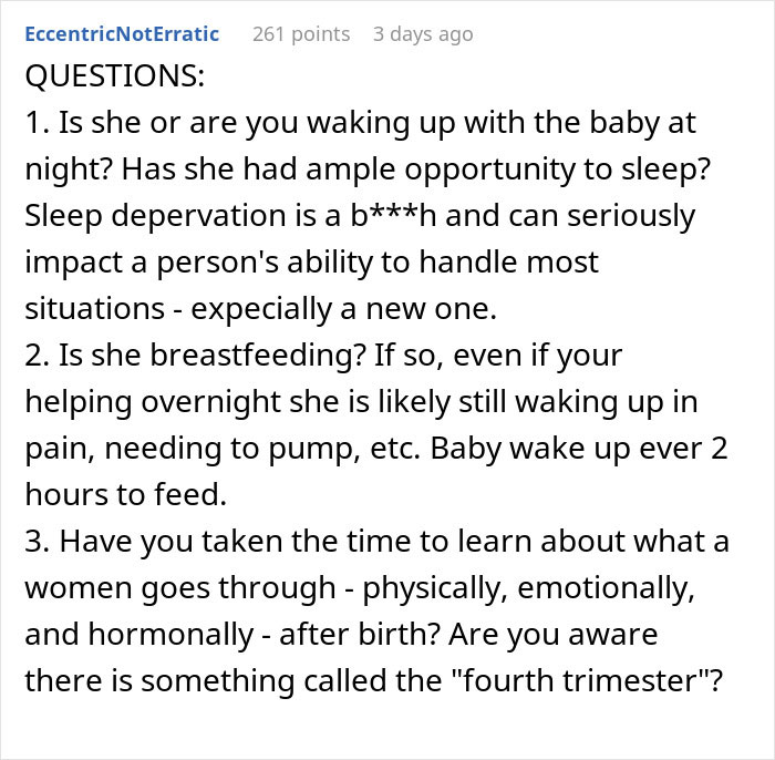 Screenshot of a user commenting on new mom struggles with baby care and challenges of sleep deprivation and breastfeeding.