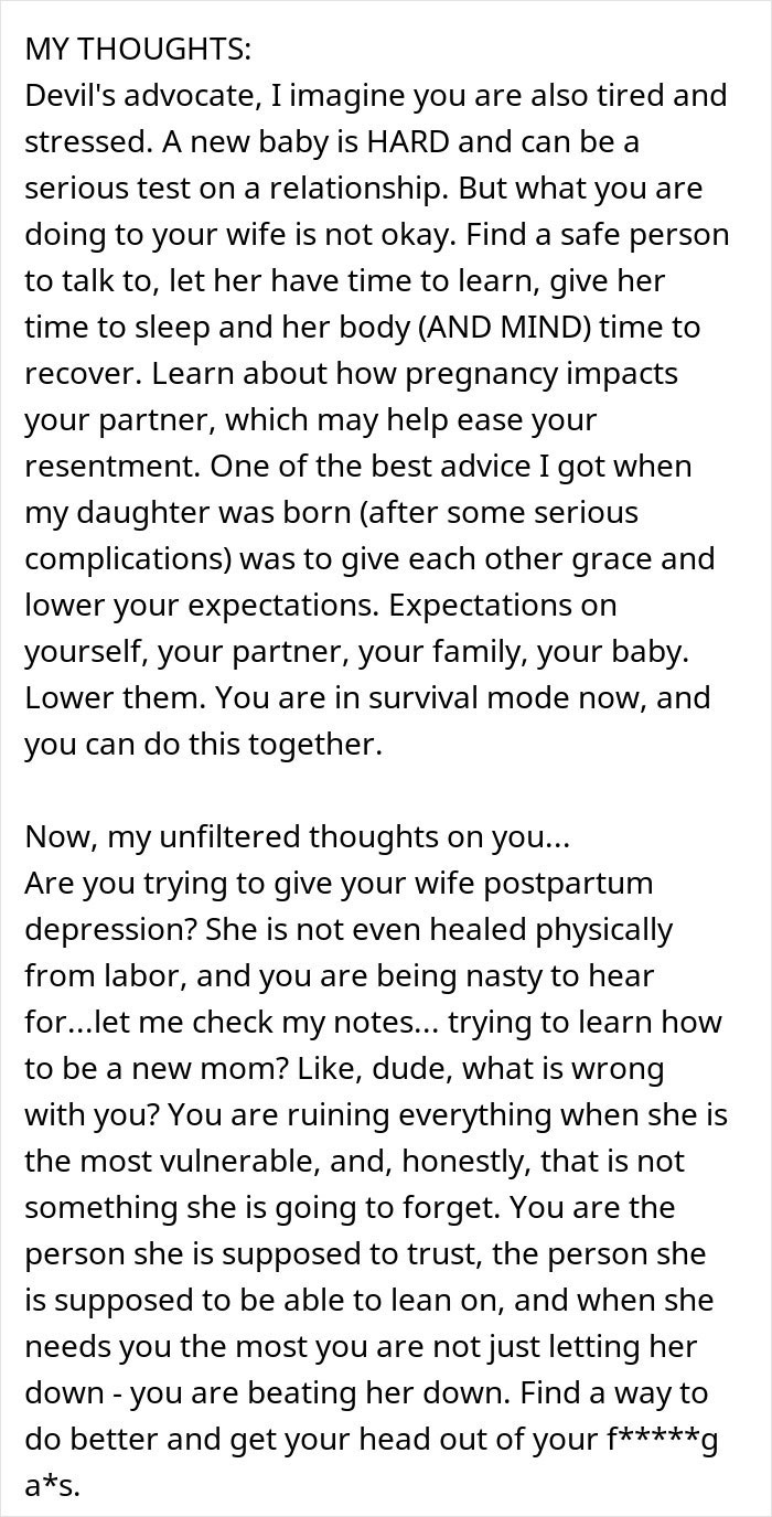 Text expressing struggles of a new mom caring for a baby while her husband judges and adds stress during postpartum recovery.