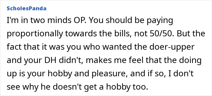 Commenter sharing mixed views on husband&rsquo;s expensive hobby and financial responsibilities at home.