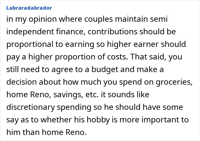 Comment discussing couples&rsquo; finance management and disagreements over discretionary spending on hobbies versus home renovations.