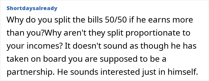 Comment discussing couple&rsquo;s financial conflict over husband spending nearly $12K yearly on his hobby while wife handles home alone.