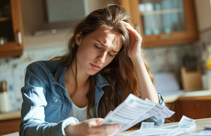 Woman looking stressed while reviewing bills at home, reflecting on husband spending almost 12K a year on his hobby.