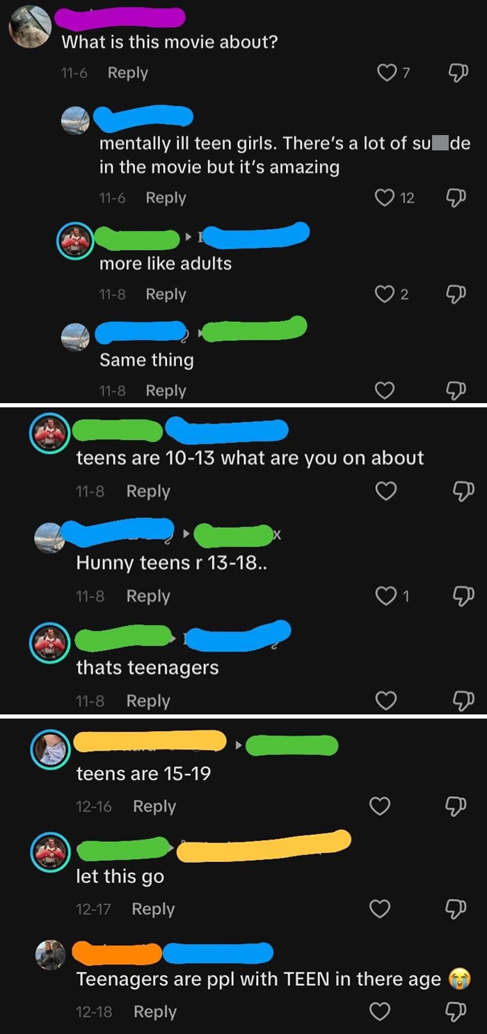 TikTok screenshot showing a humorous debate about the age range of teenagers in comment threads.
