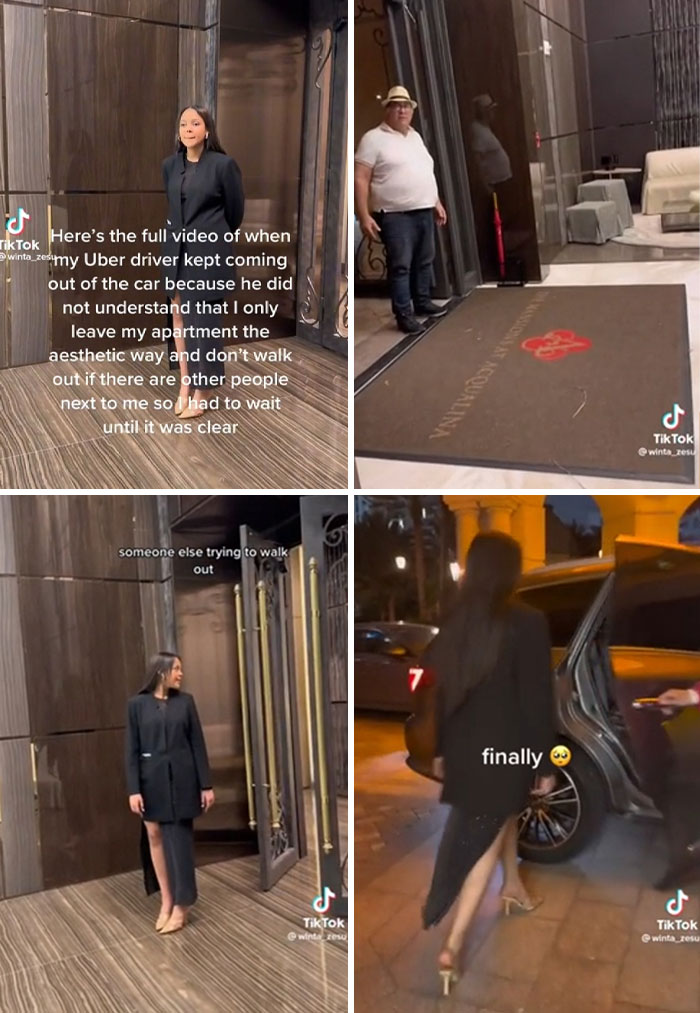 Woman in a black dress exiting an apartment door and getting into a car, captured in TikTok screenshots showcasing smart moments.