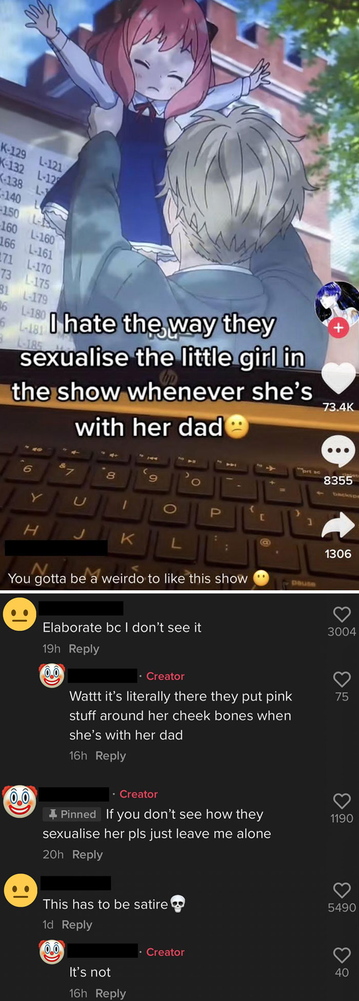 Anime screenshot from TikTok discussing controversial character depiction and sparking debate in comments.
