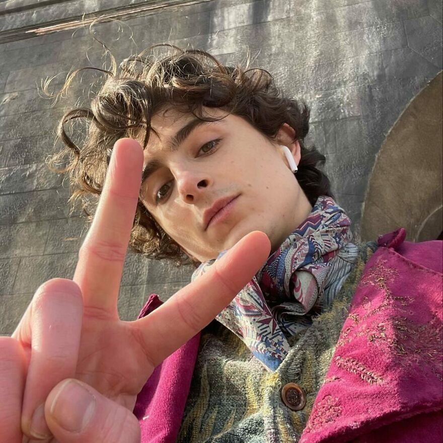 Timothée Chalamet close-up selfie showing peace sign, wearing a patterned scarf and vintage-style jacket outdoors. Timothée Chalamet close-up selfie showing peace sign, wearing a patterned scarf and vintage-style jacket outdoors.