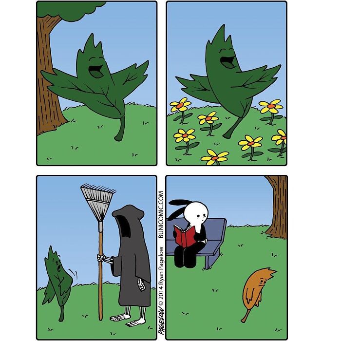Grim Reaper comic showing a leaf dancing happily, then being raked by a cloaked figure, with a character reading nearby.