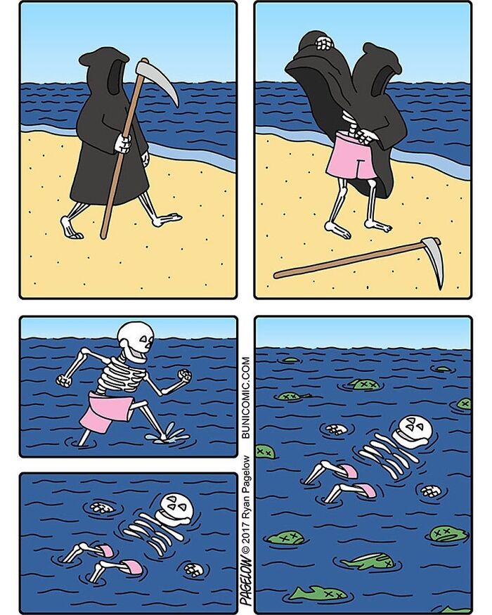 Grim Reaper comic showing a skeleton in pink shorts swimming and relaxing in water, revealing a wholesome twist.